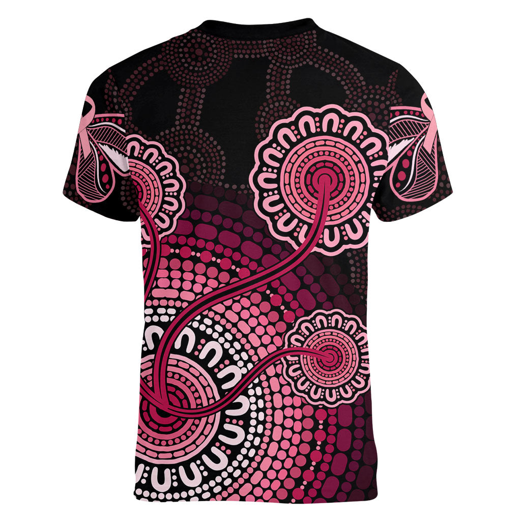 Australia Indigenous Women V-Neck T-Shirt Breast Cancer Ribbon Aboriginal Art - Black