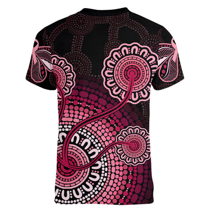 Australia Indigenous Women V-Neck T-Shirt Breast Cancer Ribbon Aboriginal Art - Black