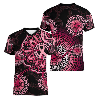Australia Indigenous Women V-Neck T-Shirt Breast Cancer Ribbon Aboriginal Art - Black