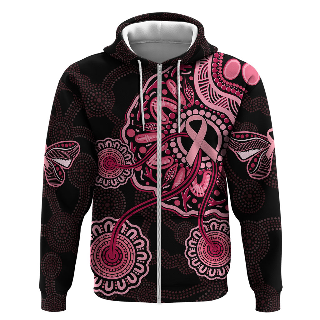 Australia Indigenous Zip Hoodie Breast Cancer Ribbon Aboriginal Art - Black