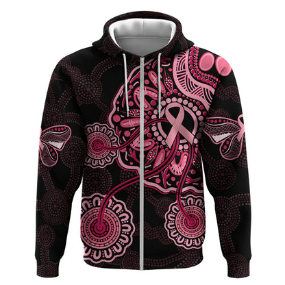 Australia Indigenous Zip Hoodie Breast Cancer Ribbon Aboriginal Art - Black