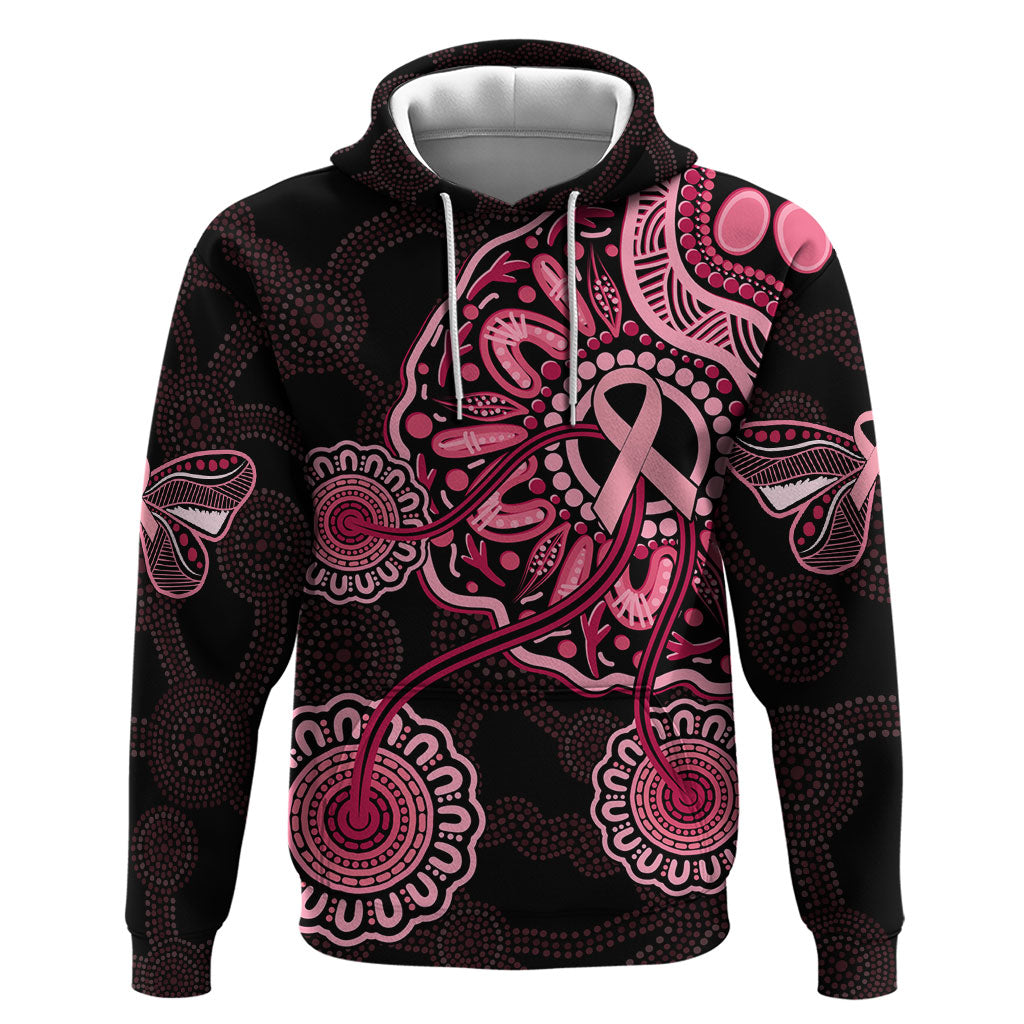 Australia Indigenous Zip Hoodie Breast Cancer Ribbon Aboriginal Art - Black