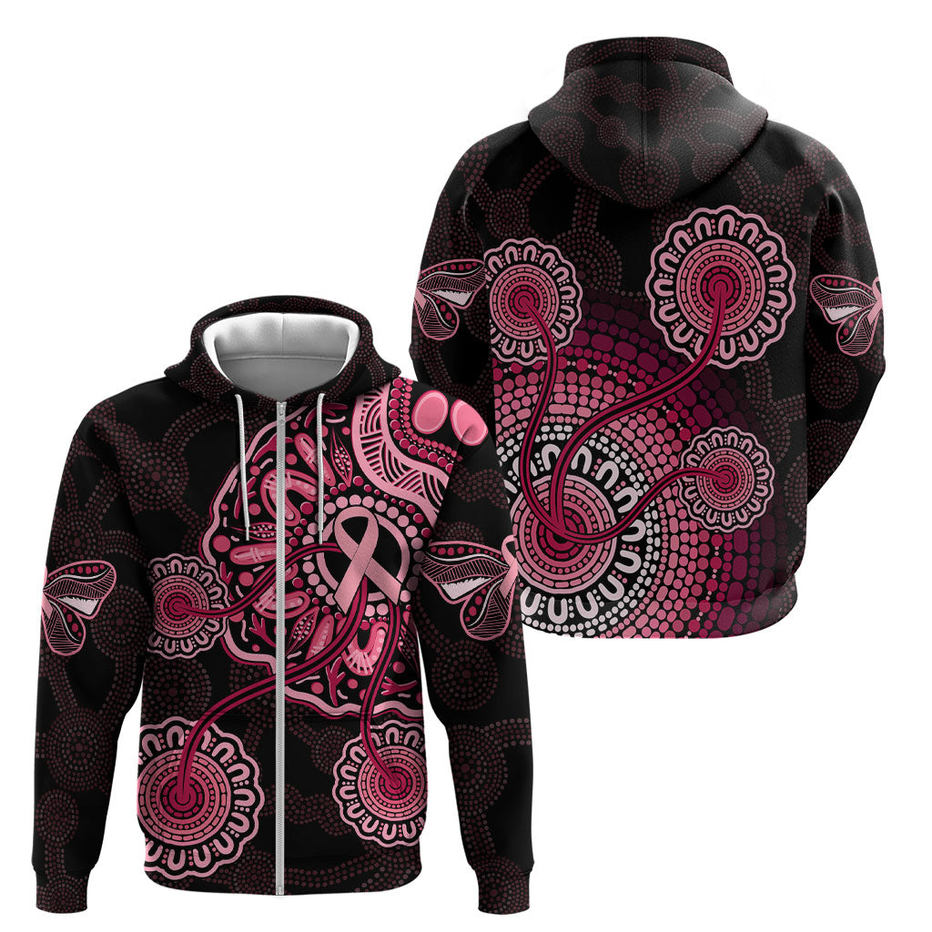 Australia Indigenous Zip Hoodie Breast Cancer Ribbon Aboriginal Art - Black