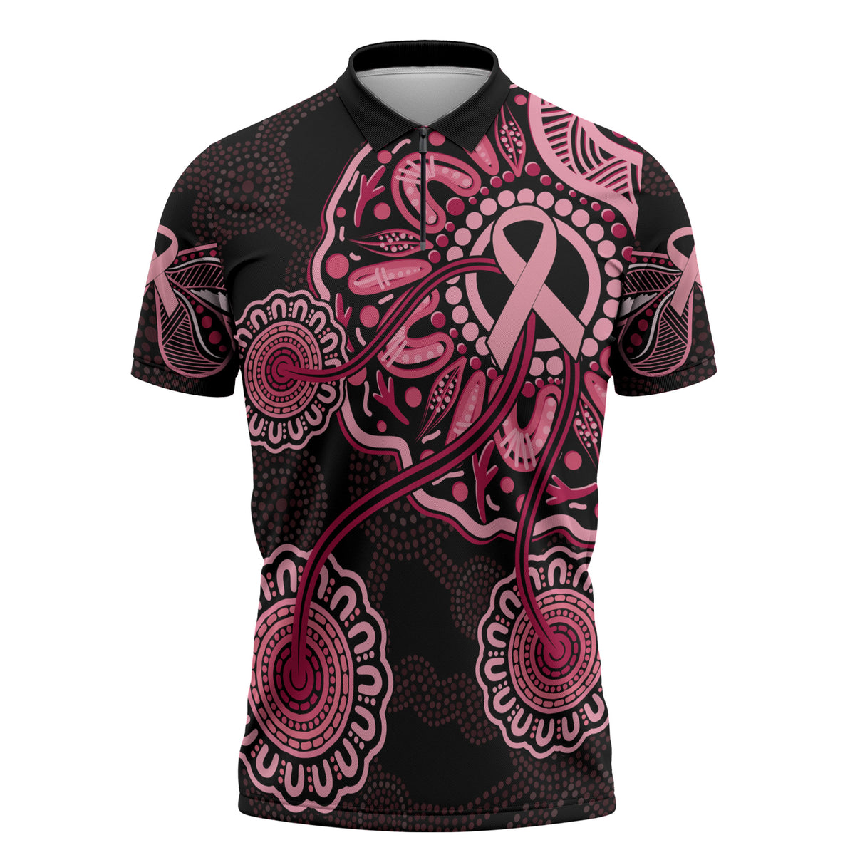 Australia Indigenous Zipper Polo Shirt Breast Cancer Ribbon Aboriginal Art - Black
