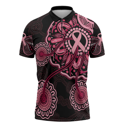 Australia Indigenous Zipper Polo Shirt Breast Cancer Ribbon Aboriginal Art - Black