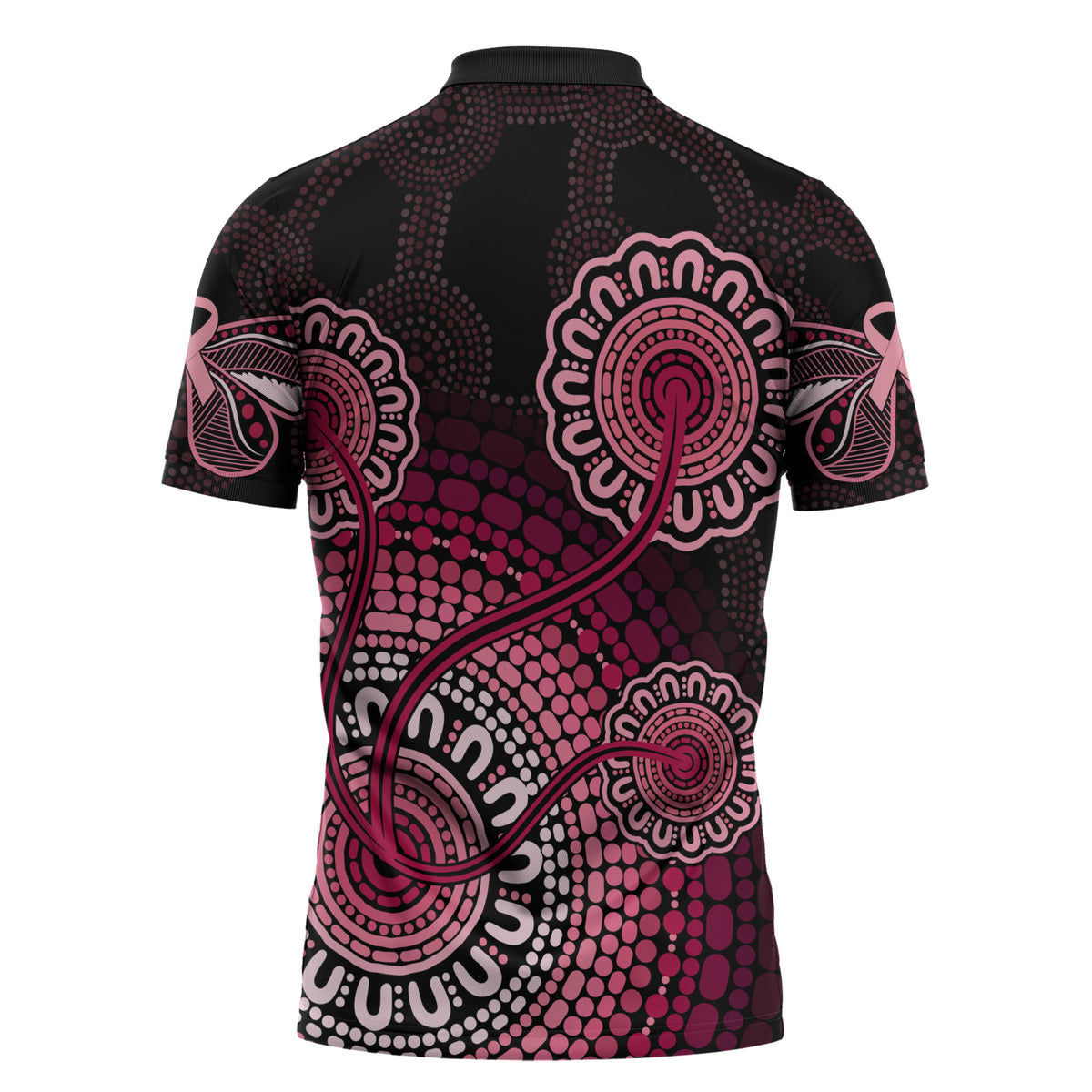 Australia Indigenous Zipper Polo Shirt Breast Cancer Ribbon Aboriginal Art - Black