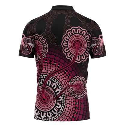 Australia Indigenous Zipper Polo Shirt Breast Cancer Ribbon Aboriginal Art - Black
