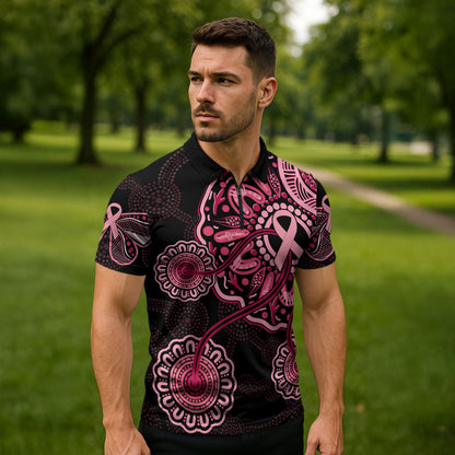 Australia Indigenous Zipper Polo Shirt Breast Cancer Ribbon Aboriginal Art - Black