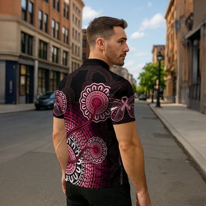 Australia Indigenous Zipper Polo Shirt Breast Cancer Ribbon Aboriginal Art - Black