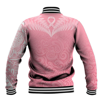 Personalised New Zealand Baseball Jacket Pink Ribbon Tattoo Mix Silver Fern