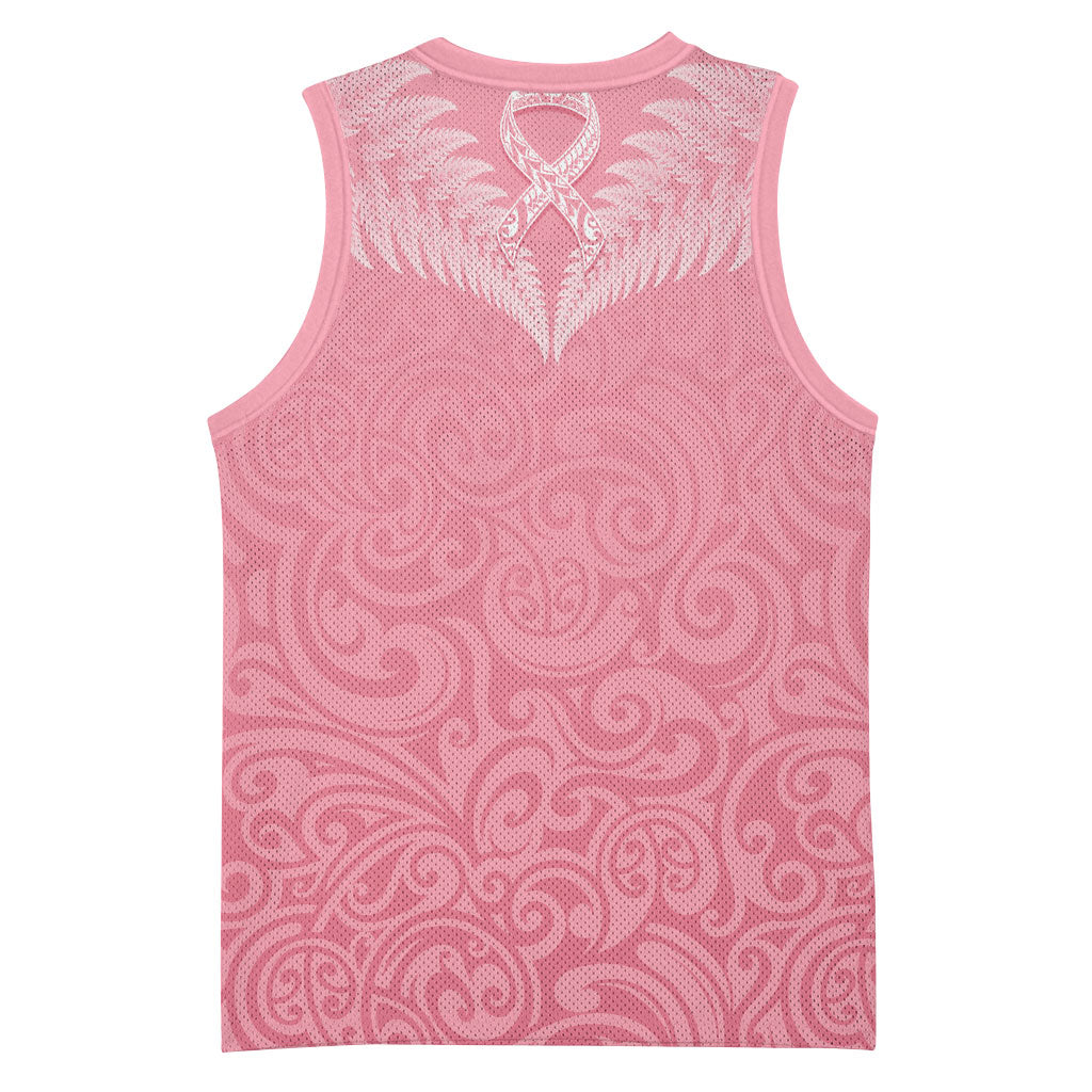 Personalised New Zealand Basketball Jersey Pink Ribbon Tattoo Mix Silver Fern