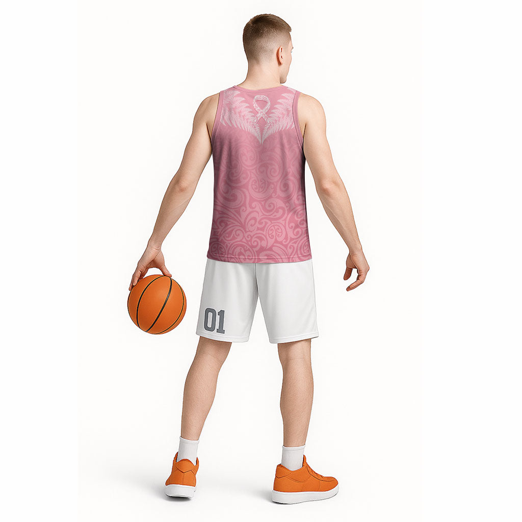 Personalised New Zealand Basketball Jersey Pink Ribbon Tattoo Mix Silver Fern