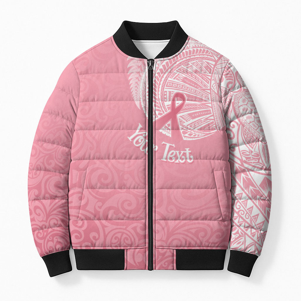 Personalised New Zealand Bomber Puffer Jacket Pink Ribbon Tattoo Mix Silver Fern