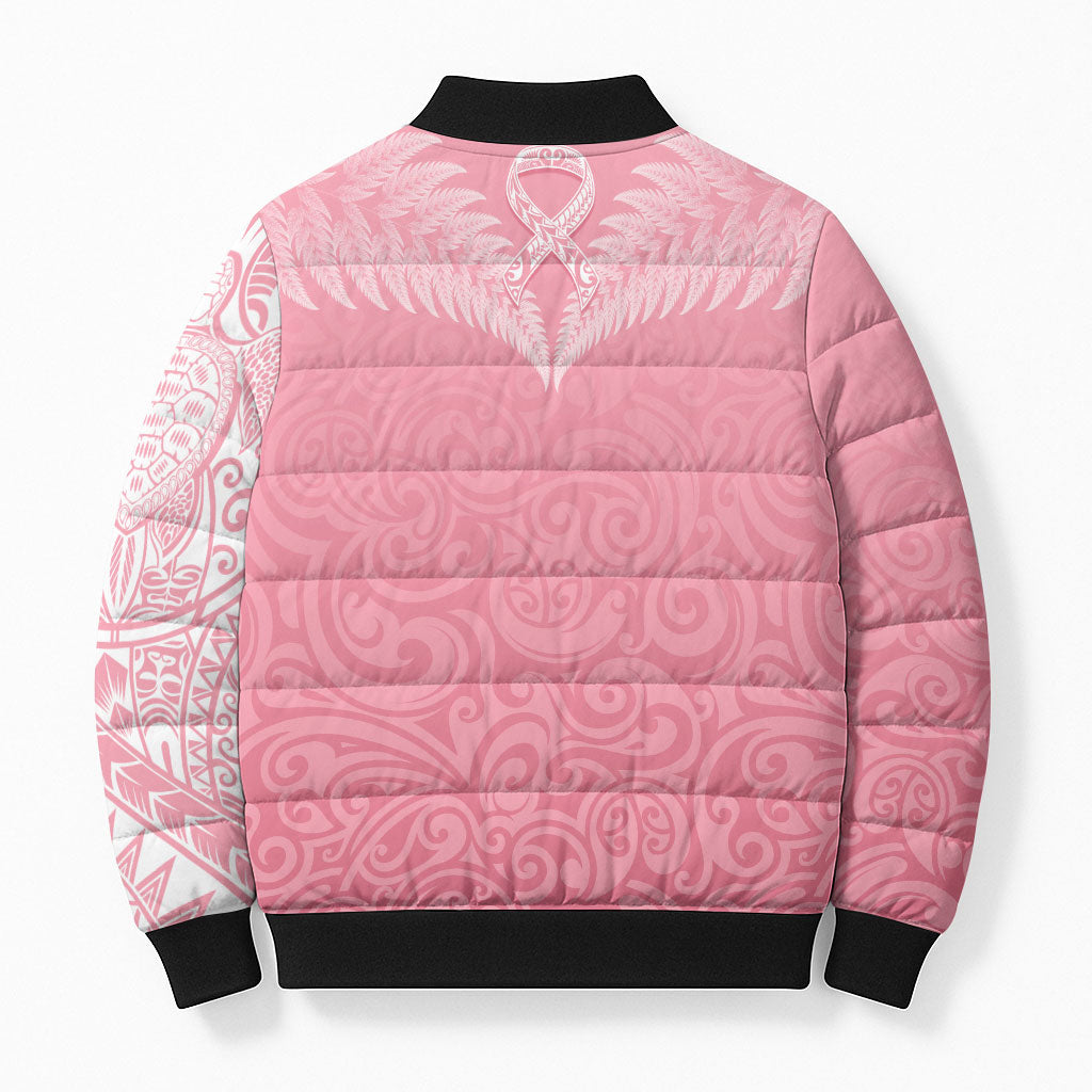 Personalised New Zealand Bomber Puffer Jacket Pink Ribbon Tattoo Mix Silver Fern