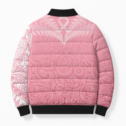 Personalised New Zealand Bomber Puffer Jacket Pink Ribbon Tattoo Mix Silver Fern