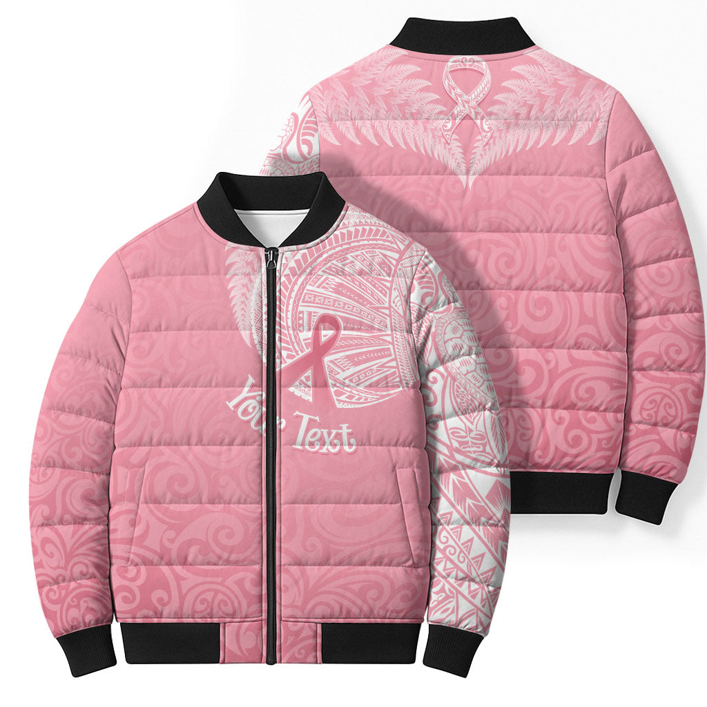 Personalised New Zealand Bomber Puffer Jacket Pink Ribbon Tattoo Mix Silver Fern