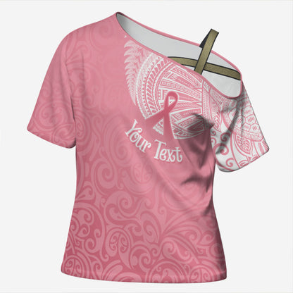 Personalised New Zealand Cross Shoulder Shirt Pink Ribbon Tattoo Mix Silver Fern