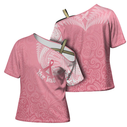 Personalised New Zealand Cross Shoulder Shirt Pink Ribbon Tattoo Mix Silver Fern