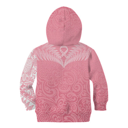 Personalised New Zealand Kid Hoodie Pink Ribbon Tattoo Mix Silver Fern