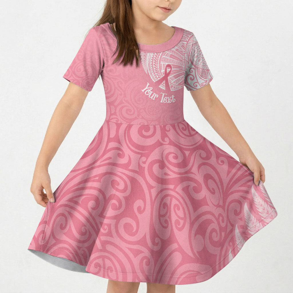 Personalised New Zealand Kid Short Sleeve Dress Pink Ribbon Tattoo Mix Silver Fern