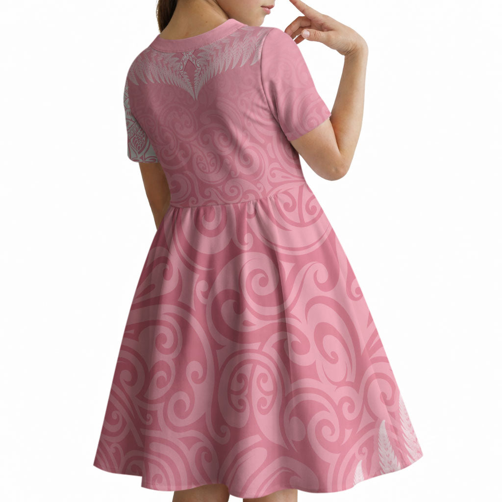 Personalised New Zealand Kid Short Sleeve Dress Pink Ribbon Tattoo Mix Silver Fern