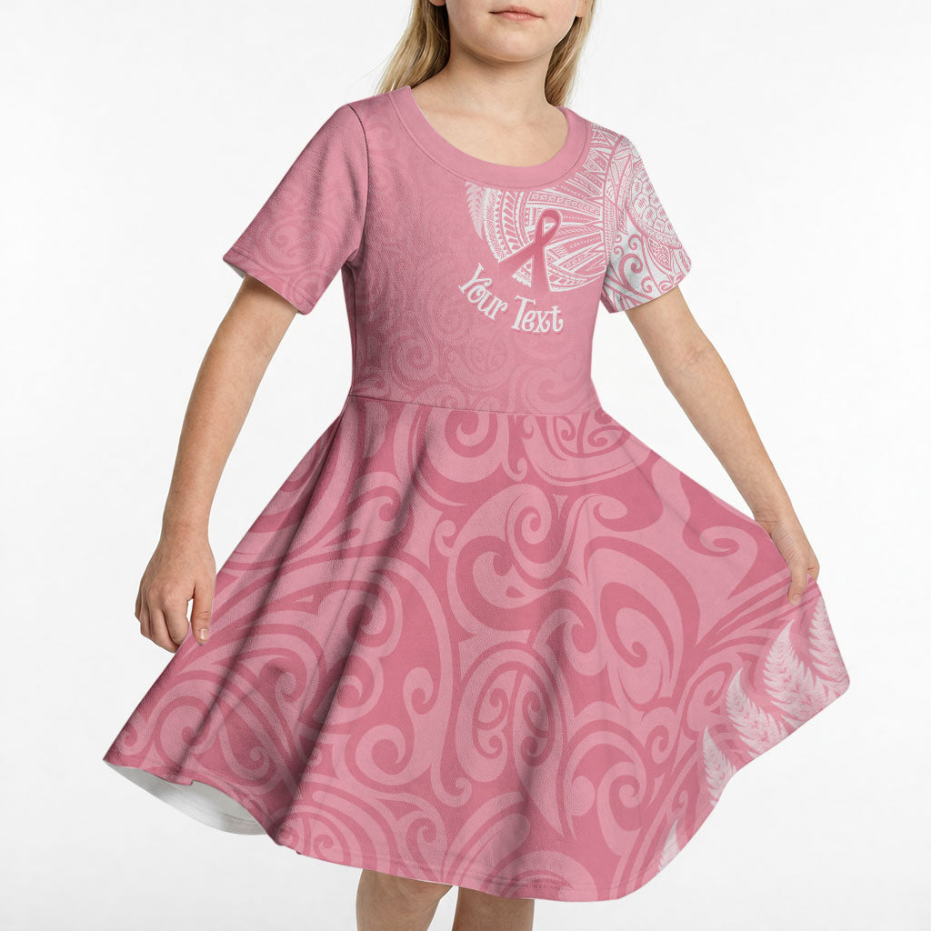 Personalised New Zealand Kid Short Sleeve Dress Pink Ribbon Tattoo Mix Silver Fern