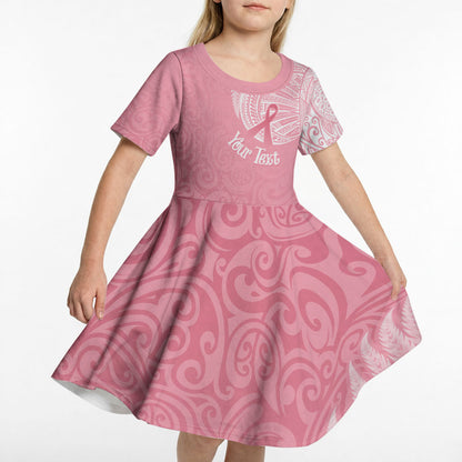 Personalised New Zealand Kid Short Sleeve Dress Pink Ribbon Tattoo Mix Silver Fern