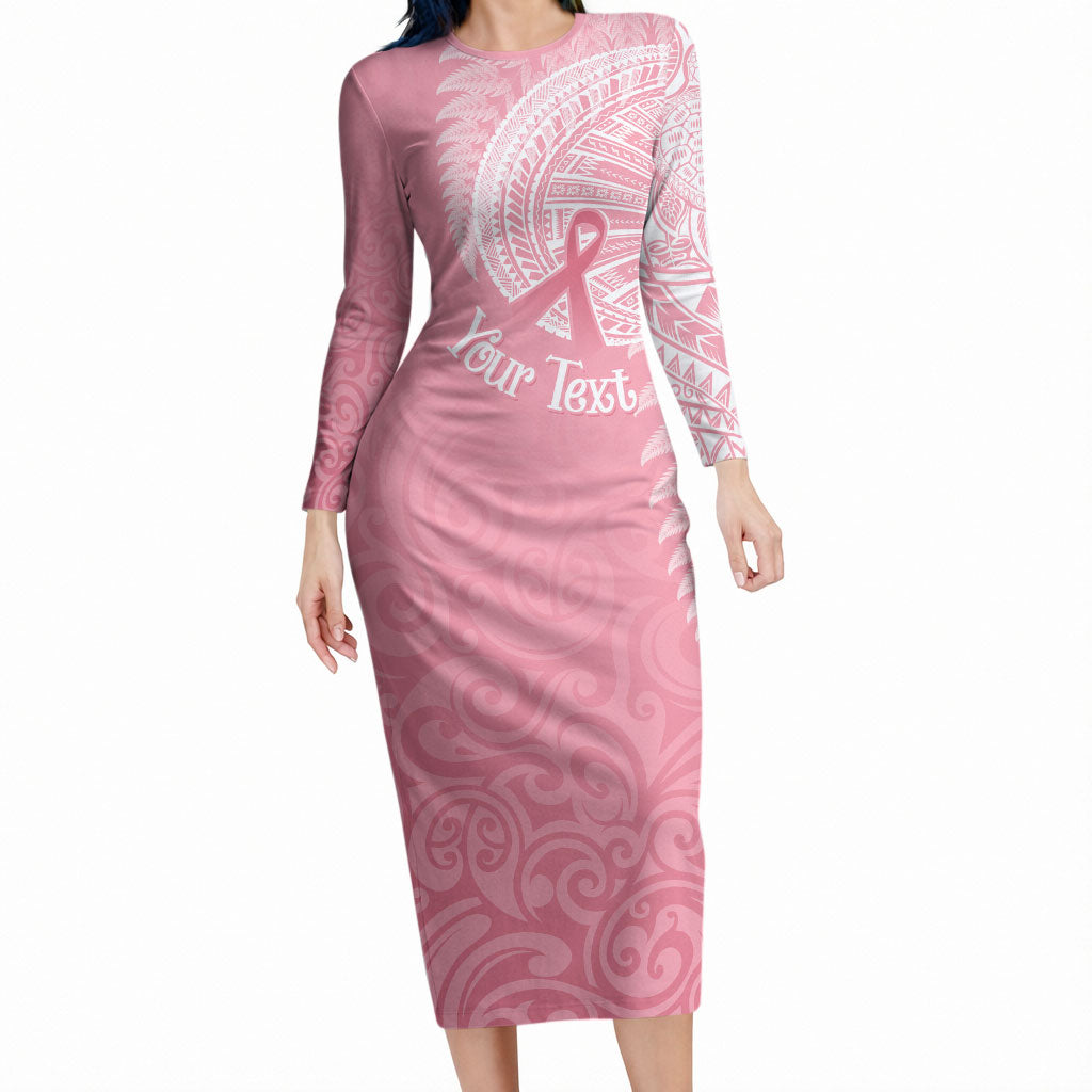 Personalised New Zealand Long Sleeve Bodycon Dress Pink Ribbon Tattoo Mix Silver Fern