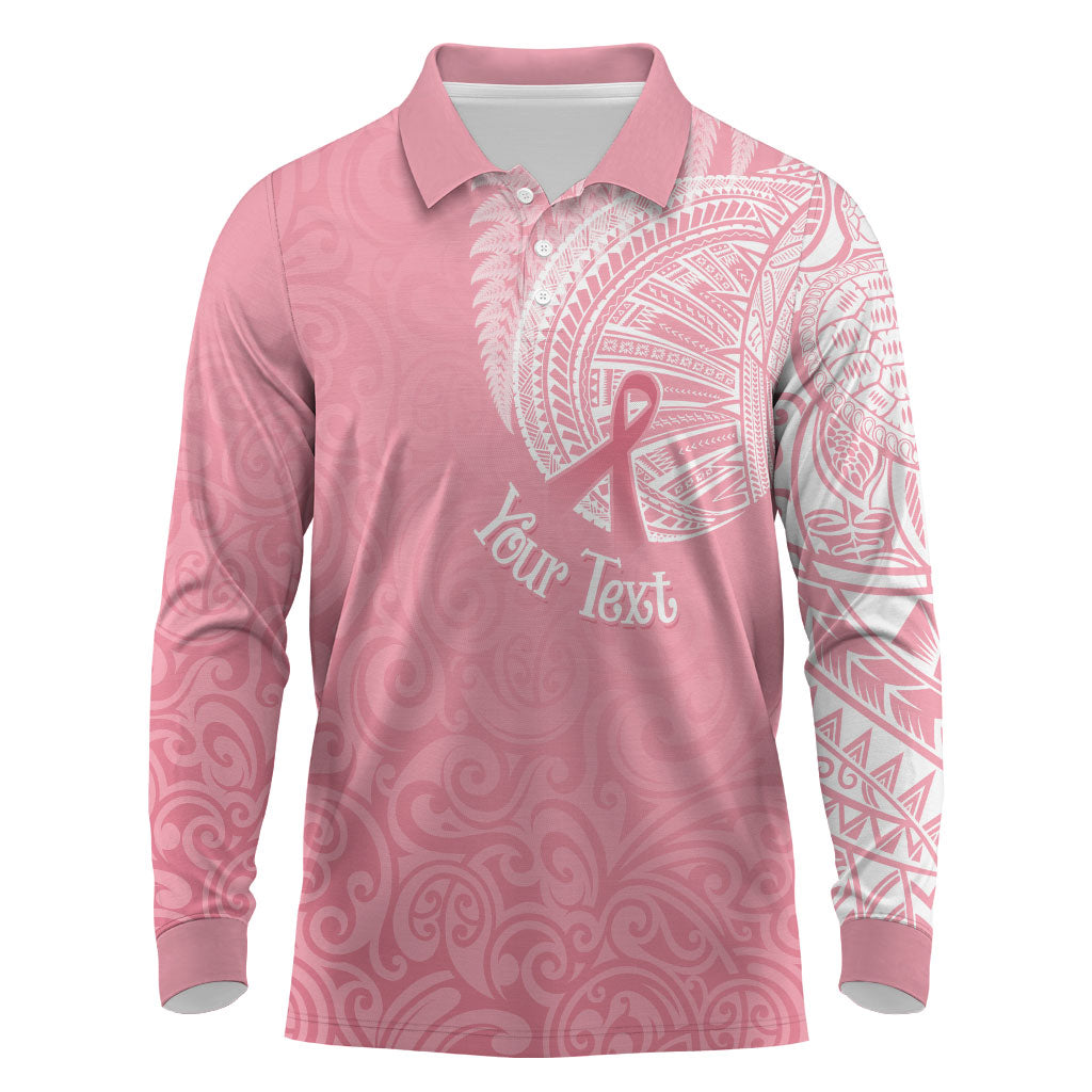 Personalised New Zealand Long Sleeve Polo Shirt Pink Ribbon Tattoo Mix Silver Fern