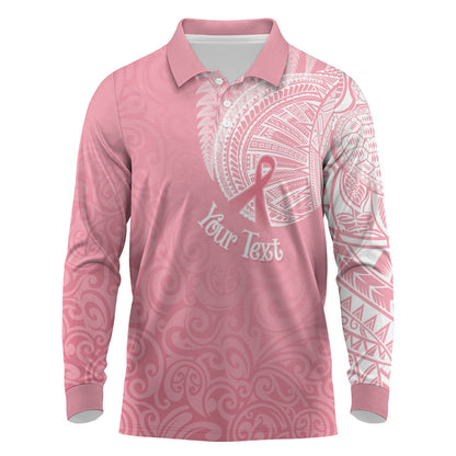Personalised New Zealand Long Sleeve Polo Shirt Pink Ribbon Tattoo Mix Silver Fern