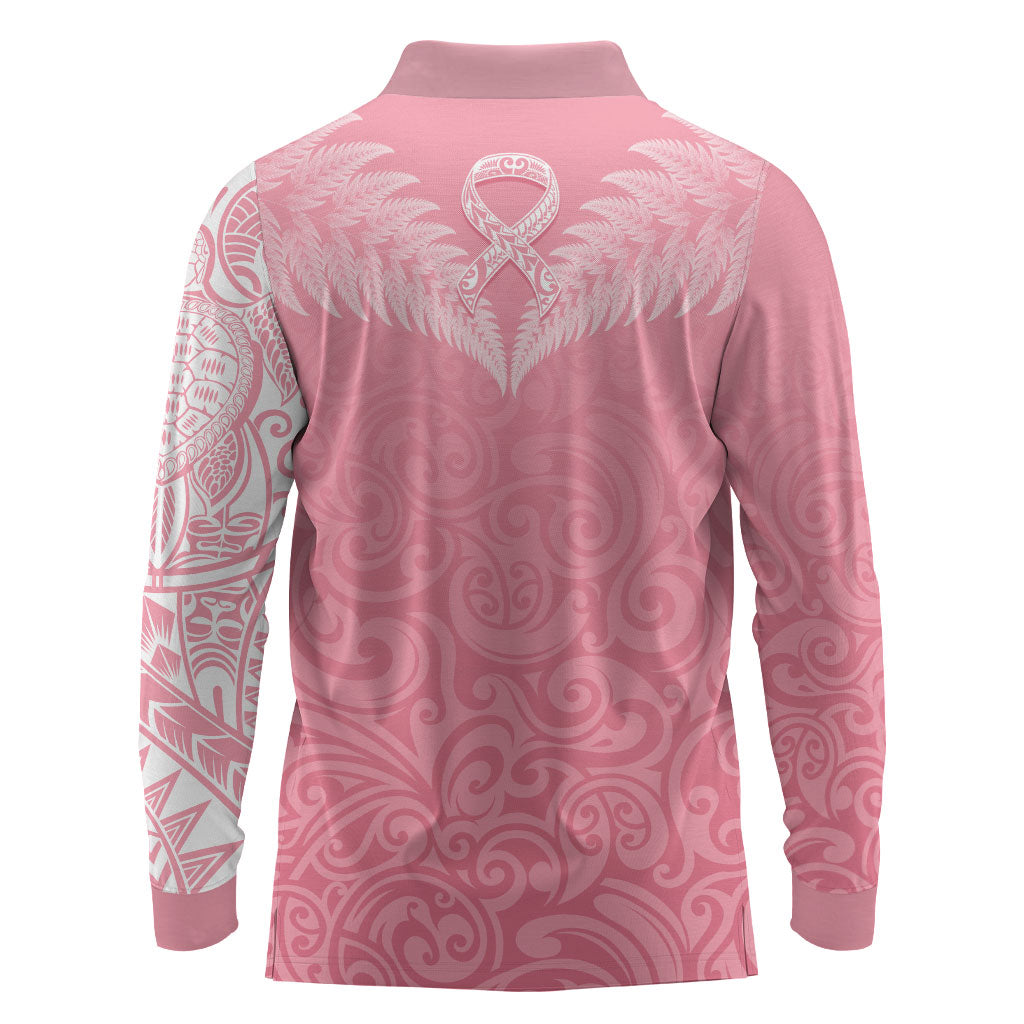 Personalised New Zealand Long Sleeve Polo Shirt Pink Ribbon Tattoo Mix Silver Fern