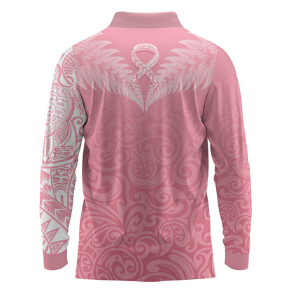 Personalised New Zealand Long Sleeve Polo Shirt Pink Ribbon Tattoo Mix Silver Fern