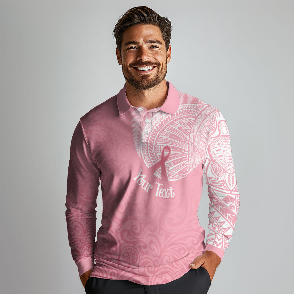 Personalised New Zealand Long Sleeve Polo Shirt Pink Ribbon Tattoo Mix Silver Fern