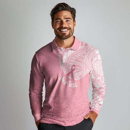 Personalised New Zealand Long Sleeve Polo Shirt Pink Ribbon Tattoo Mix Silver Fern