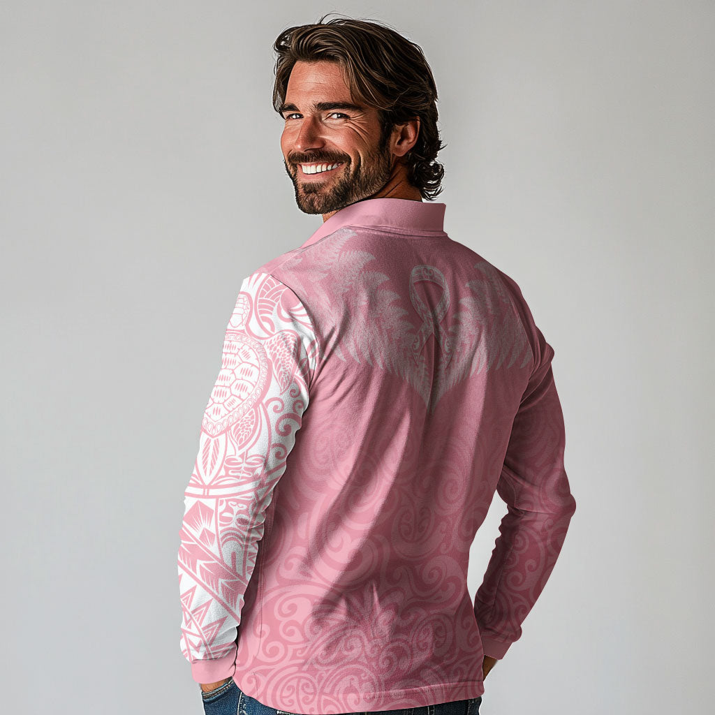 Personalised New Zealand Long Sleeve Polo Shirt Pink Ribbon Tattoo Mix Silver Fern