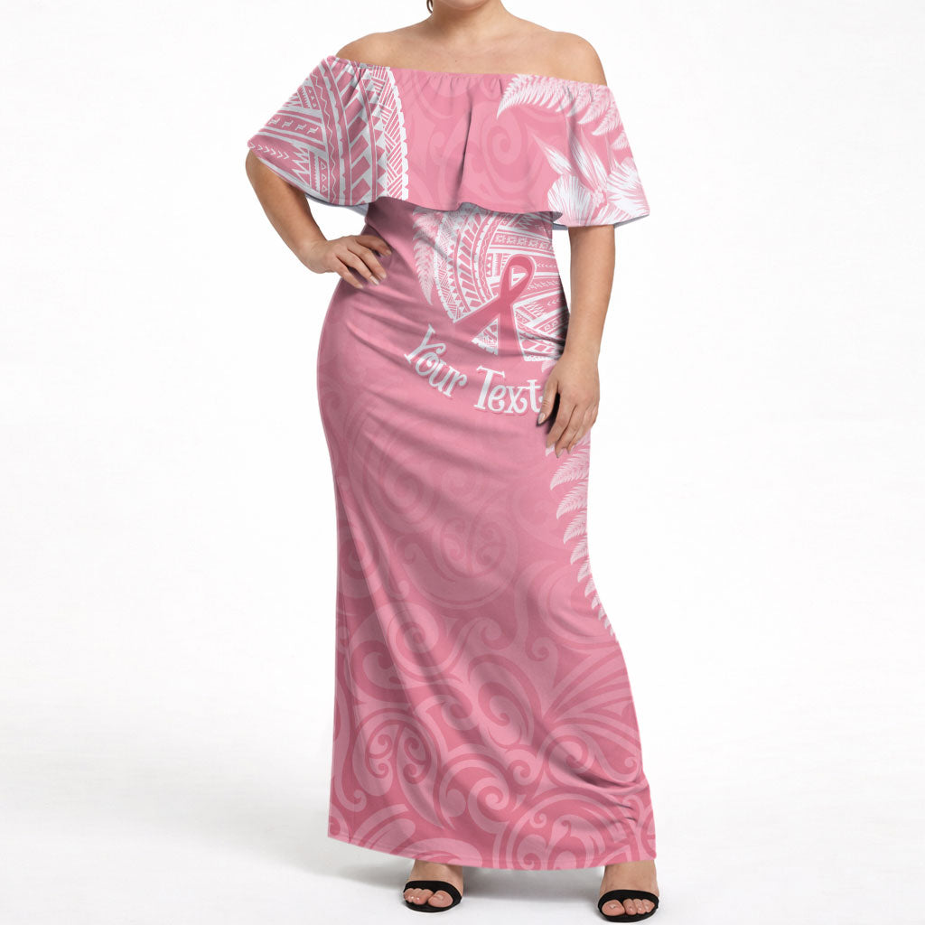 Personalised New Zealand Off Shoulder Maxi Dress Pink Ribbon Tattoo Mix Silver Fern