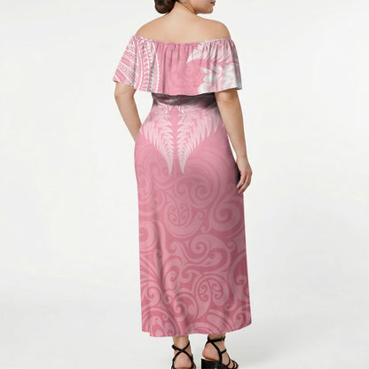Personalised New Zealand Off Shoulder Maxi Dress Pink Ribbon Tattoo Mix Silver Fern
