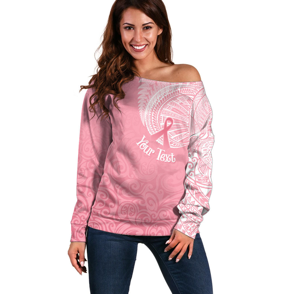 Personalised New Zealand Off Shoulder Sweater Pink Ribbon Tattoo Mix Silver Fern