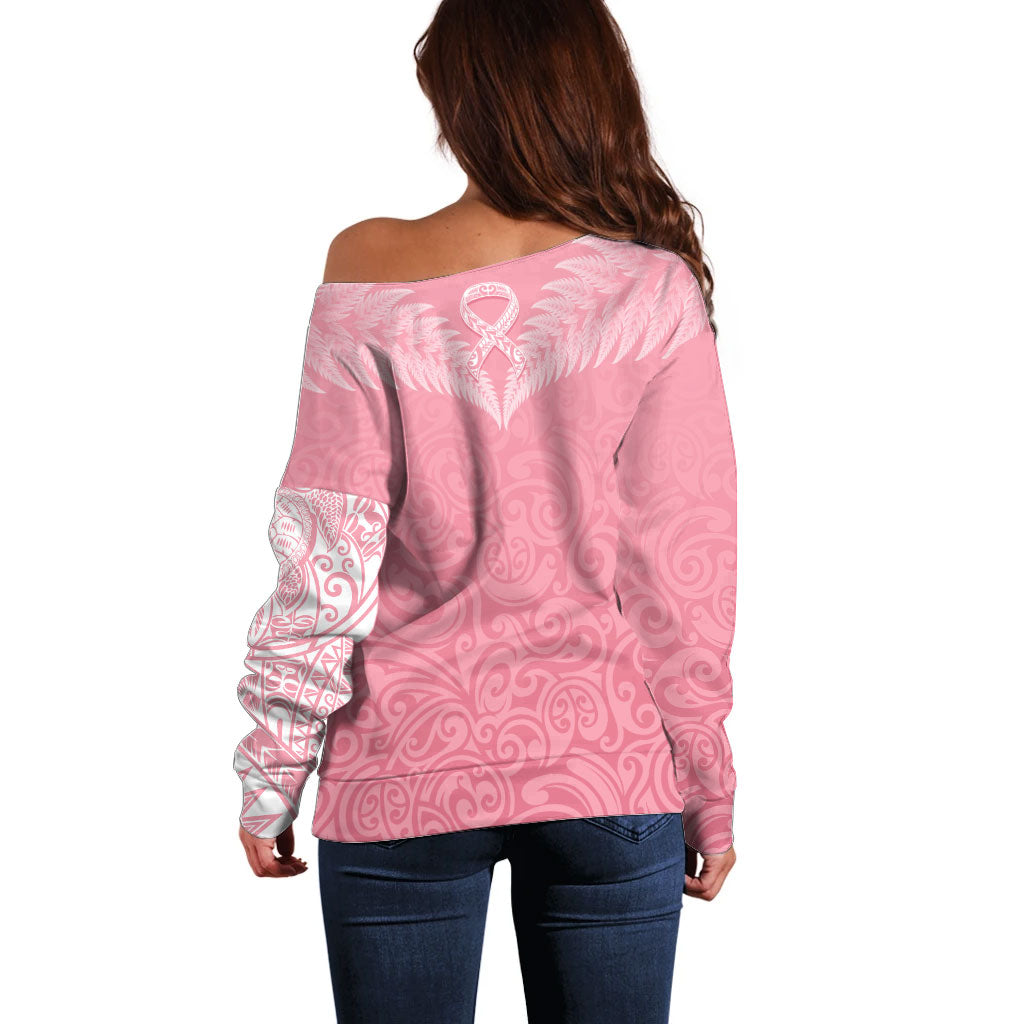 Personalised New Zealand Off Shoulder Sweater Pink Ribbon Tattoo Mix Silver Fern