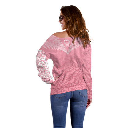 Personalised New Zealand Off Shoulder Sweater Pink Ribbon Tattoo Mix Silver Fern