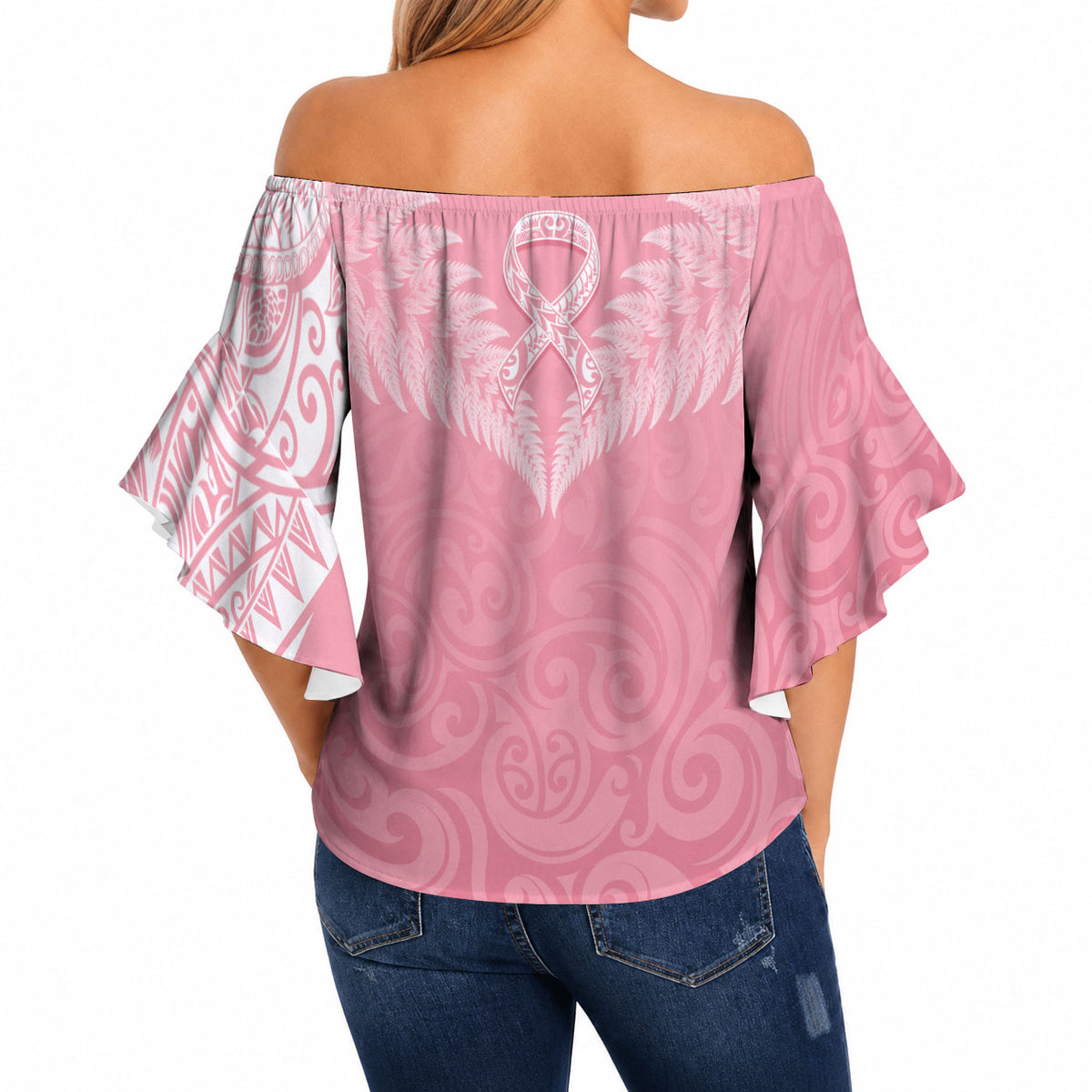 Personalised New Zealand Off Shoulder Wrap Waist Top Pink Ribbon Tattoo Mix Silver Fern