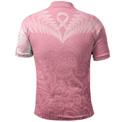 Personalised New Zealand Polo Shirt Pink Ribbon Tattoo Mix Silver Fern