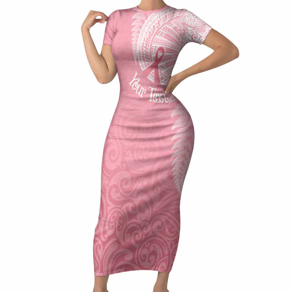 Personalised New Zealand Short Sleeve Bodycon Dress Pink Ribbon Tattoo Mix Silver Fern