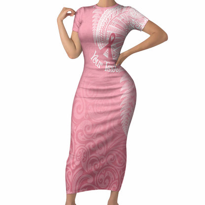 Personalised New Zealand Short Sleeve Bodycon Dress Pink Ribbon Tattoo Mix Silver Fern