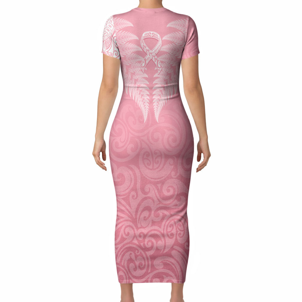 Personalised New Zealand Short Sleeve Bodycon Dress Pink Ribbon Tattoo Mix Silver Fern