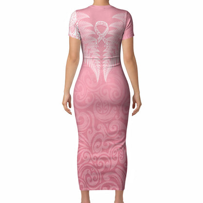 Personalised New Zealand Short Sleeve Bodycon Dress Pink Ribbon Tattoo Mix Silver Fern