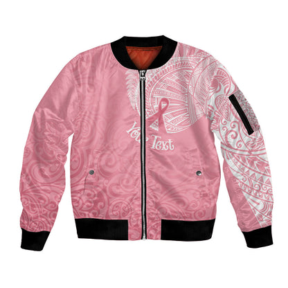 Personalised New Zealand Sleeve Zip Bomber Jacket Pink Ribbon Tattoo Mix Silver Fern