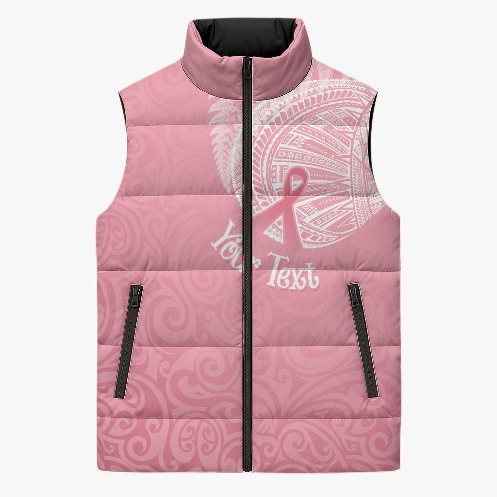 Personalised New Zealand Sleeveless Puffer Jacket Pink Ribbon Tattoo Mix Silver Fern