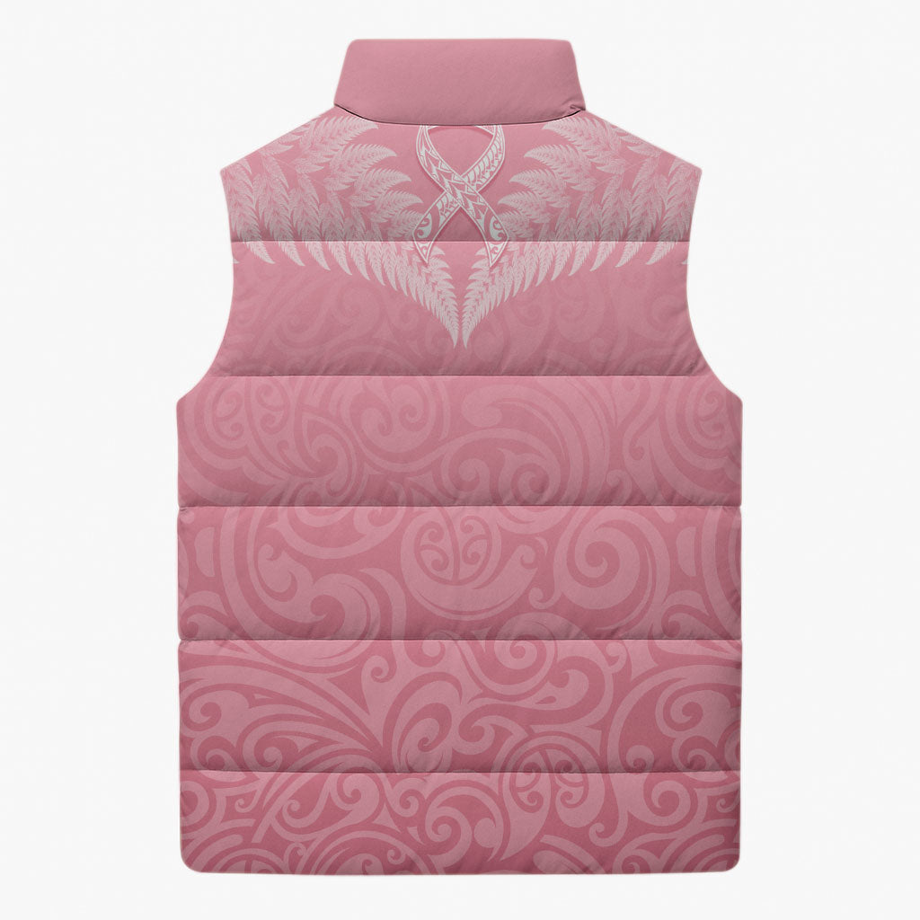 Personalised New Zealand Sleeveless Puffer Jacket Pink Ribbon Tattoo Mix Silver Fern