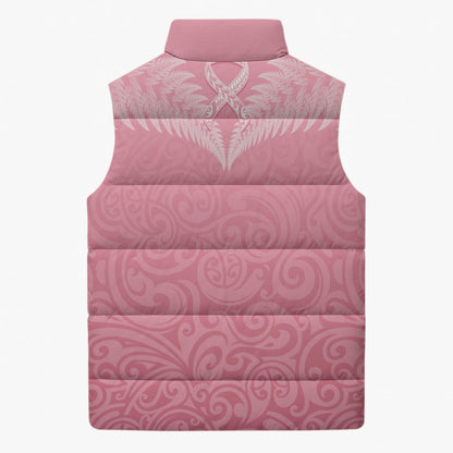 Personalised New Zealand Sleeveless Puffer Jacket Pink Ribbon Tattoo Mix Silver Fern